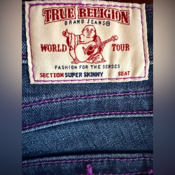 True Religion Super Skinny Jeans W26 Neon Purple Stitch Distressed Dark Wash Y2K - Picture 6 of 10